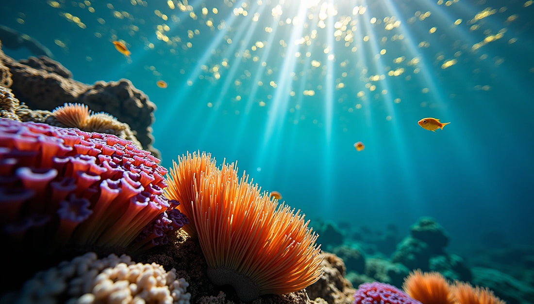 Healthy reef tank ecosystem with vibrant corals and fish, illustrating the benefits of phytoplankton