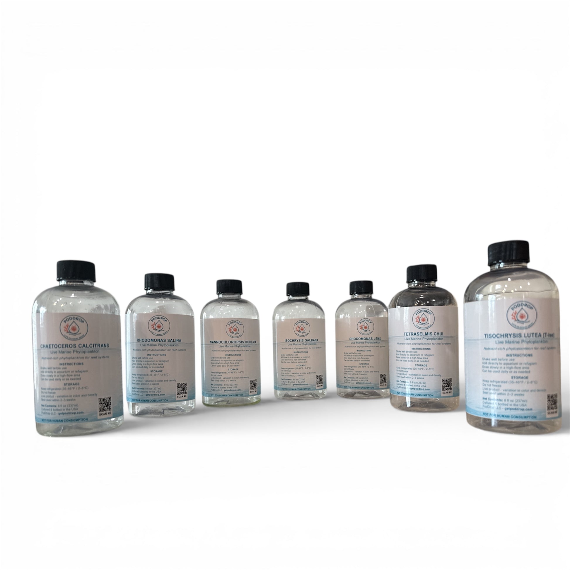 PodDrop live phytoplankton species collection - seven bottles showing variety of marine phytoplankton cultures